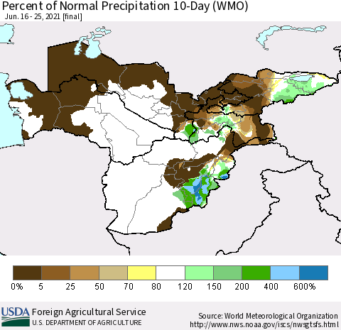 Central Asia Percent of Normal Precipitation 10-Day (WMO) Thematic Map For 6/16/2021 - 6/25/2021