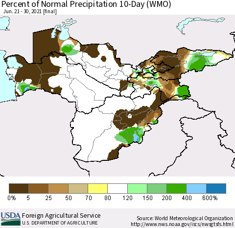 Central Asia Percent of Normal Precipitation 10-Day (WMO) Thematic Map For 6/21/2021 - 6/30/2021