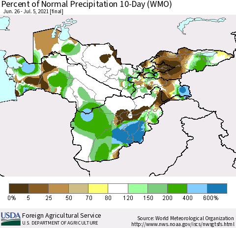 Central Asia Percent of Normal Precipitation 10-Day (WMO) Thematic Map For 6/26/2021 - 7/5/2021