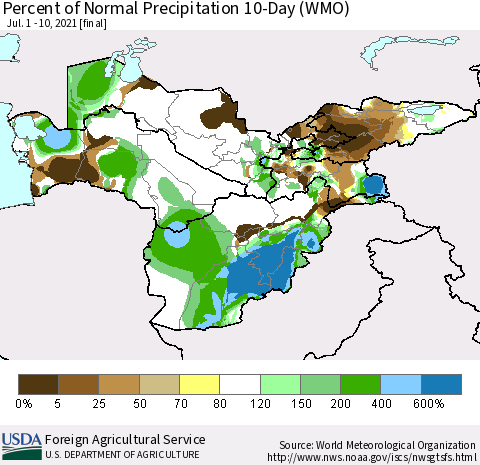 Central Asia Percent of Normal Precipitation 10-Day (WMO) Thematic Map For 7/1/2021 - 7/10/2021