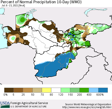 Central Asia Percent of Normal Precipitation 10-Day (WMO) Thematic Map For 7/6/2021 - 7/15/2021