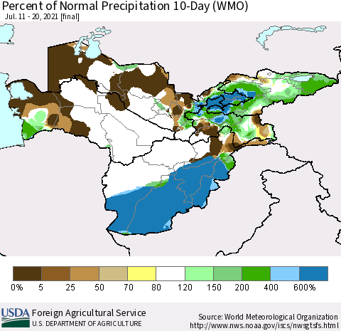 Central Asia Percent of Normal Precipitation 10-Day (WMO) Thematic Map For 7/11/2021 - 7/20/2021