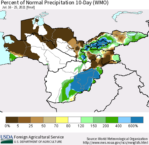Central Asia Percent of Normal Precipitation 10-Day (WMO) Thematic Map For 7/16/2021 - 7/25/2021