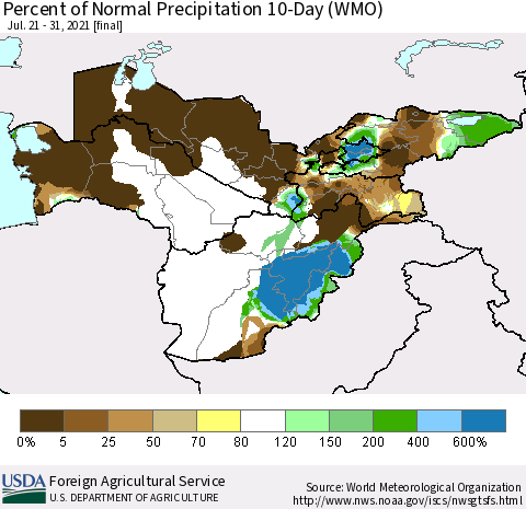 Central Asia Percent of Normal Precipitation 10-Day (WMO) Thematic Map For 7/21/2021 - 7/31/2021