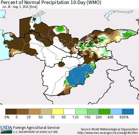 Central Asia Percent of Normal Precipitation 10-Day (WMO) Thematic Map For 7/26/2021 - 8/5/2021