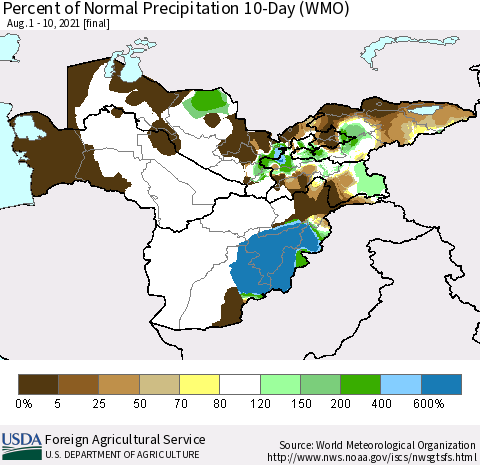 Central Asia Percent of Normal Precipitation 10-Day (WMO) Thematic Map For 8/1/2021 - 8/10/2021