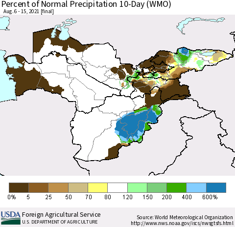 Central Asia Percent of Normal Precipitation 10-Day (WMO) Thematic Map For 8/6/2021 - 8/15/2021