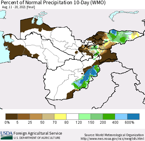 Central Asia Percent of Normal Precipitation 10-Day (WMO) Thematic Map For 8/11/2021 - 8/20/2021