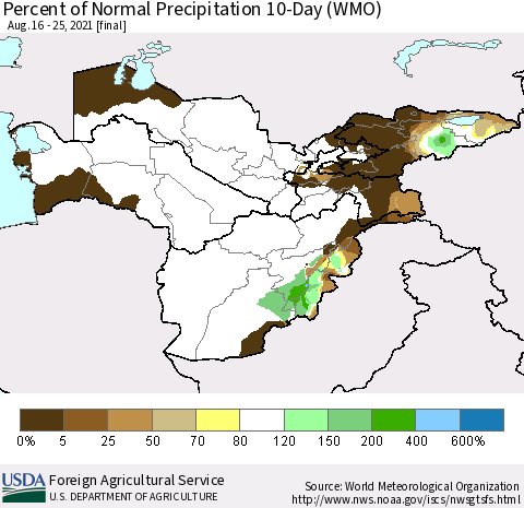 Central Asia Percent of Normal Precipitation 10-Day (WMO) Thematic Map For 8/16/2021 - 8/25/2021