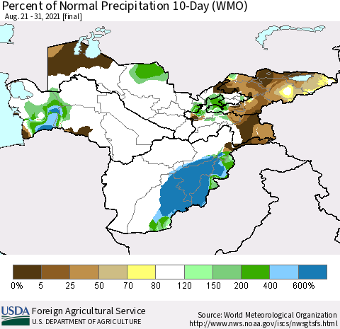 Central Asia Percent of Normal Precipitation 10-Day (WMO) Thematic Map For 8/21/2021 - 8/31/2021