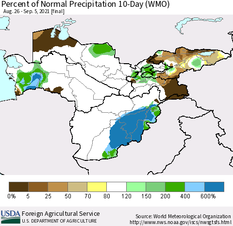Central Asia Percent of Normal Precipitation 10-Day (WMO) Thematic Map For 8/26/2021 - 9/5/2021