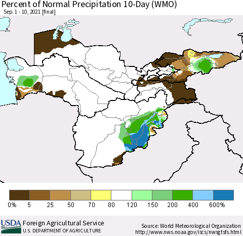 Central Asia Percent of Normal Precipitation 10-Day (WMO) Thematic Map For 9/1/2021 - 9/10/2021