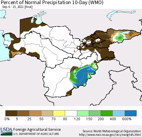 Central Asia Percent of Normal Precipitation 10-Day (WMO) Thematic Map For 9/6/2021 - 9/15/2021