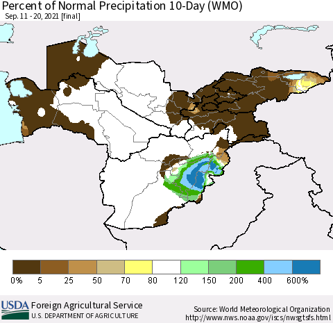 Central Asia Percent of Normal Precipitation 10-Day (WMO) Thematic Map For 9/11/2021 - 9/20/2021