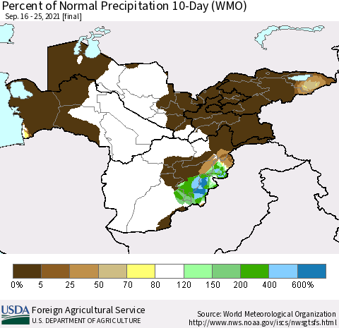 Central Asia Percent of Normal Precipitation 10-Day (WMO) Thematic Map For 9/16/2021 - 9/25/2021