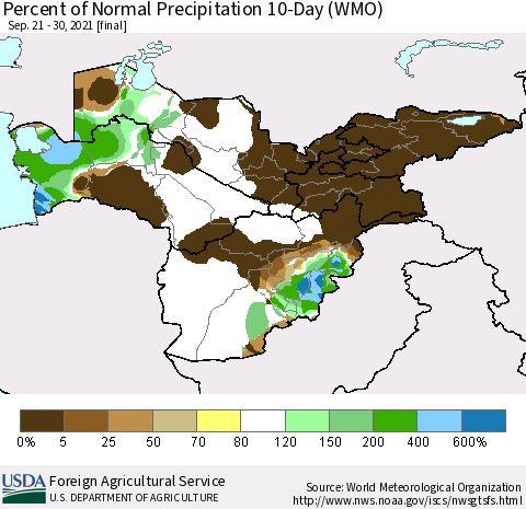 Central Asia Percent of Normal Precipitation 10-Day (WMO) Thematic Map For 9/21/2021 - 9/30/2021