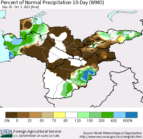 Central Asia Percent of Normal Precipitation 10-Day (WMO) Thematic Map For 9/26/2021 - 10/5/2021