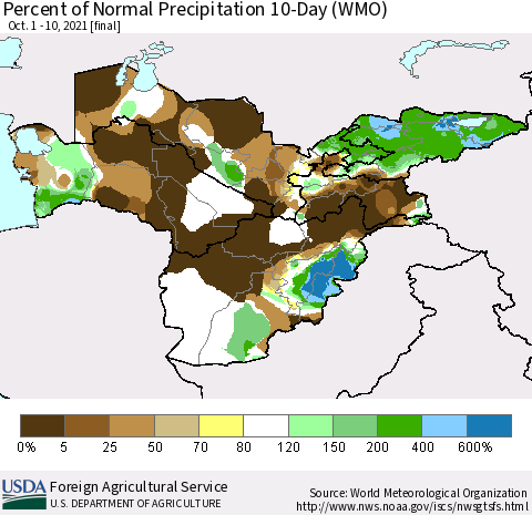 Central Asia Percent of Normal Precipitation 10-Day (WMO) Thematic Map For 10/1/2021 - 10/10/2021