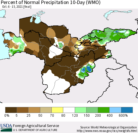 Central Asia Percent of Normal Precipitation 10-Day (WMO) Thematic Map For 10/6/2021 - 10/15/2021
