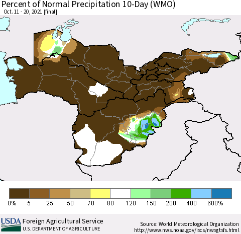 Central Asia Percent of Normal Precipitation 10-Day (WMO) Thematic Map For 10/11/2021 - 10/20/2021