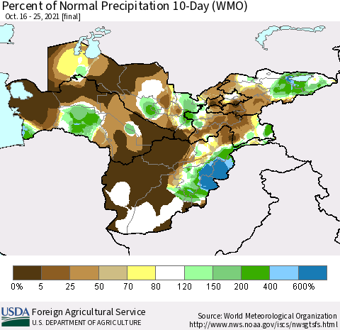Central Asia Percent of Normal Precipitation 10-Day (WMO) Thematic Map For 10/16/2021 - 10/25/2021