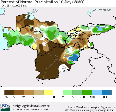 Central Asia Percent of Normal Precipitation 10-Day (WMO) Thematic Map For 10/21/2021 - 10/31/2021