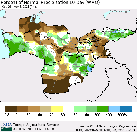 Central Asia Percent of Normal Precipitation 10-Day (WMO) Thematic Map For 10/26/2021 - 11/5/2021