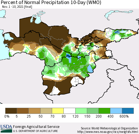 Central Asia Percent of Normal Precipitation 10-Day (WMO) Thematic Map For 11/1/2021 - 11/10/2021