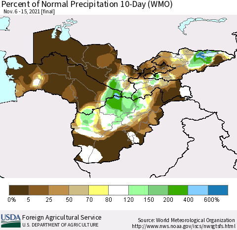 Central Asia Percent of Normal Precipitation 10-Day (WMO) Thematic Map For 11/6/2021 - 11/15/2021