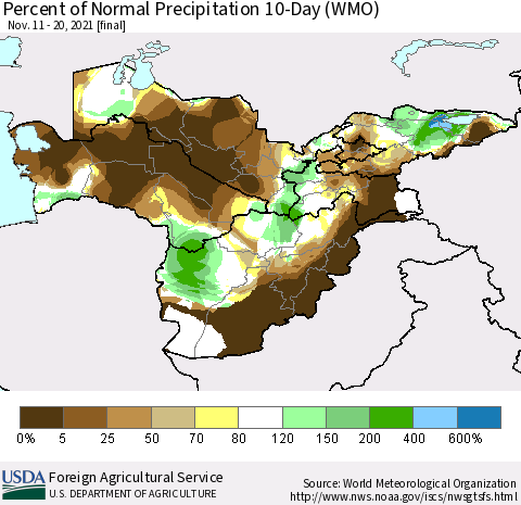 Central Asia Percent of Normal Precipitation 10-Day (WMO) Thematic Map For 11/11/2021 - 11/20/2021