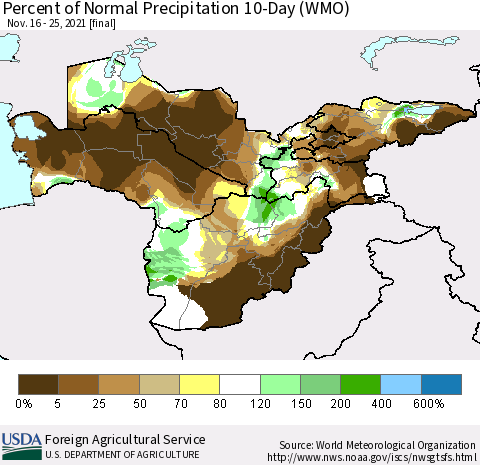 Central Asia Percent of Normal Precipitation 10-Day (WMO) Thematic Map For 11/16/2021 - 11/25/2021