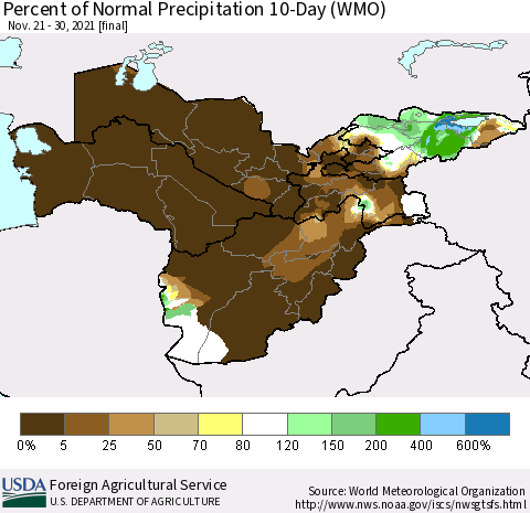Central Asia Percent of Normal Precipitation 10-Day (WMO) Thematic Map For 11/21/2021 - 11/30/2021
