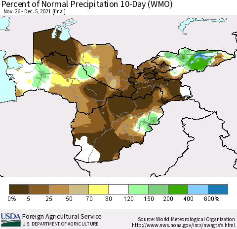 Central Asia Percent of Normal Precipitation 10-Day (WMO) Thematic Map For 11/26/2021 - 12/5/2021