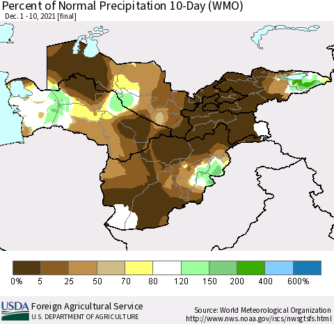 Central Asia Percent of Normal Precipitation 10-Day (WMO) Thematic Map For 12/1/2021 - 12/10/2021