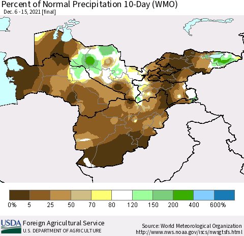 Central Asia Percent of Normal Precipitation 10-Day (WMO) Thematic Map For 12/6/2021 - 12/15/2021