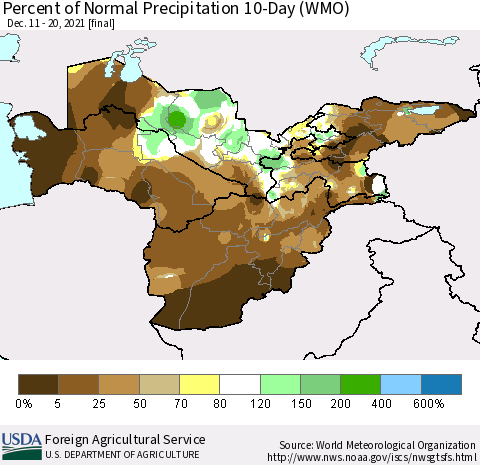 Central Asia Percent of Normal Precipitation 10-Day (WMO) Thematic Map For 12/11/2021 - 12/20/2021