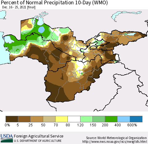 Central Asia Percent of Normal Precipitation 10-Day (WMO) Thematic Map For 12/16/2021 - 12/25/2021