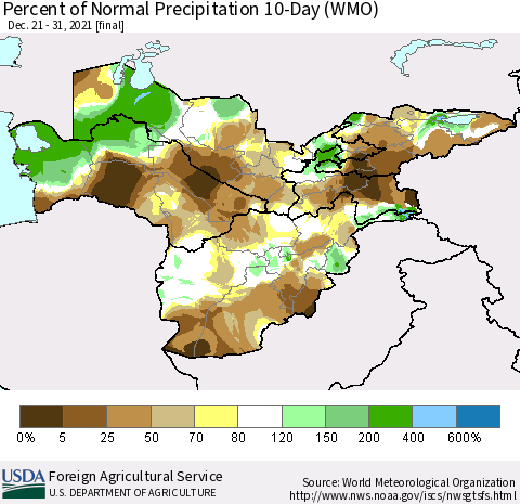 Central Asia Percent of Normal Precipitation 10-Day (WMO) Thematic Map For 12/21/2021 - 12/31/2021