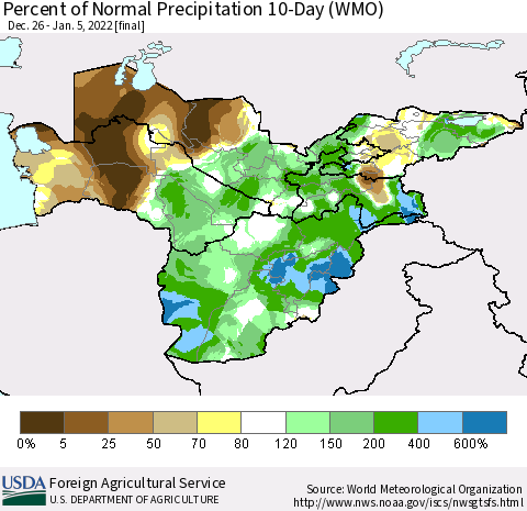 Central Asia Percent of Normal Precipitation 10-Day (WMO) Thematic Map For 12/26/2021 - 1/5/2022