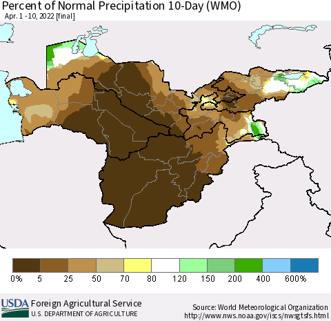 Central Asia Percent of Normal Precipitation 10-Day (WMO) Thematic Map For 4/1/2022 - 4/10/2022