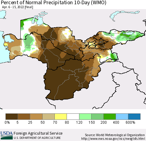 Central Asia Percent of Normal Precipitation 10-Day (WMO) Thematic Map For 4/6/2022 - 4/15/2022