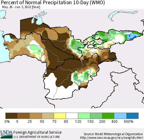 Central Asia Percent of Normal Precipitation 10-Day (WMO) Thematic Map For 5/26/2022 - 6/5/2022