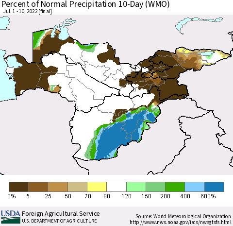 Central Asia Percent of Normal Precipitation 10-Day (WMO) Thematic Map For 7/1/2022 - 7/10/2022