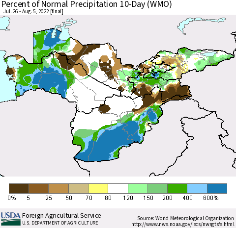 Central Asia Percent of Normal Precipitation 10-Day (WMO) Thematic Map For 7/26/2022 - 8/5/2022