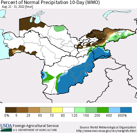 Central Asia Percent of Normal Precipitation 10-Day (WMO) Thematic Map For 8/21/2022 - 8/31/2022