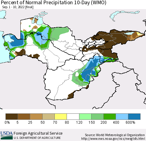 Central Asia Percent of Normal Precipitation 10-Day (WMO) Thematic Map For 9/1/2022 - 9/10/2022