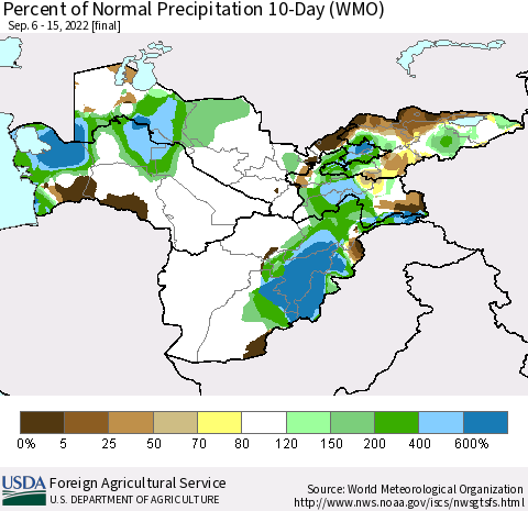 Central Asia Percent of Normal Precipitation 10-Day (WMO) Thematic Map For 9/6/2022 - 9/15/2022