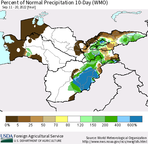 Central Asia Percent of Normal Precipitation 10-Day (WMO) Thematic Map For 9/11/2022 - 9/20/2022
