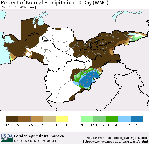Central Asia Percent of Normal Precipitation 10-Day (WMO) Thematic Map For 9/16/2022 - 9/25/2022