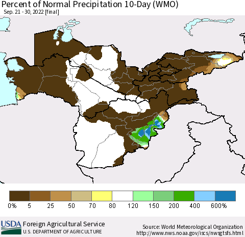 Central Asia Percent of Normal Precipitation 10-Day (WMO) Thematic Map For 9/21/2022 - 9/30/2022